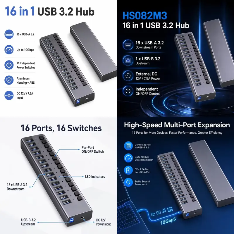 Multi Port Usb Hub - AP01 16-portowy zasilany hub USB 3.2